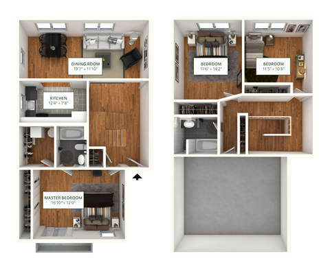 Floor plan for 3 beds, 2 baths, 1200 sqft